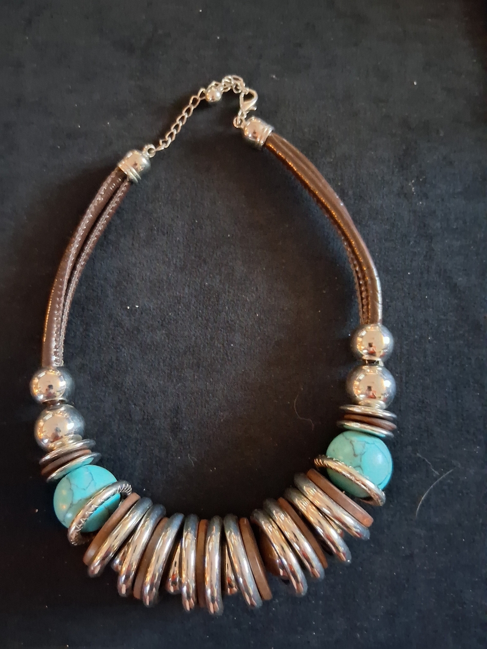 Western Necklace Silver-Tone and Turquoie Color Beads - Brown Leather-Look Trim.
